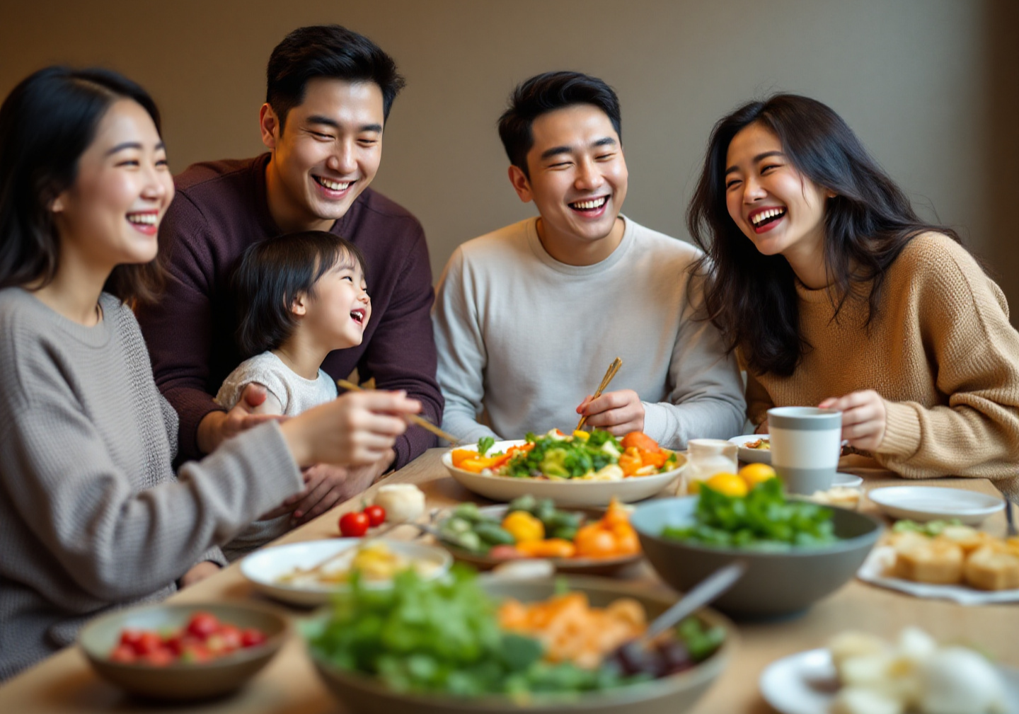 식탁에서 환하게 웃으며 식사하는 가족