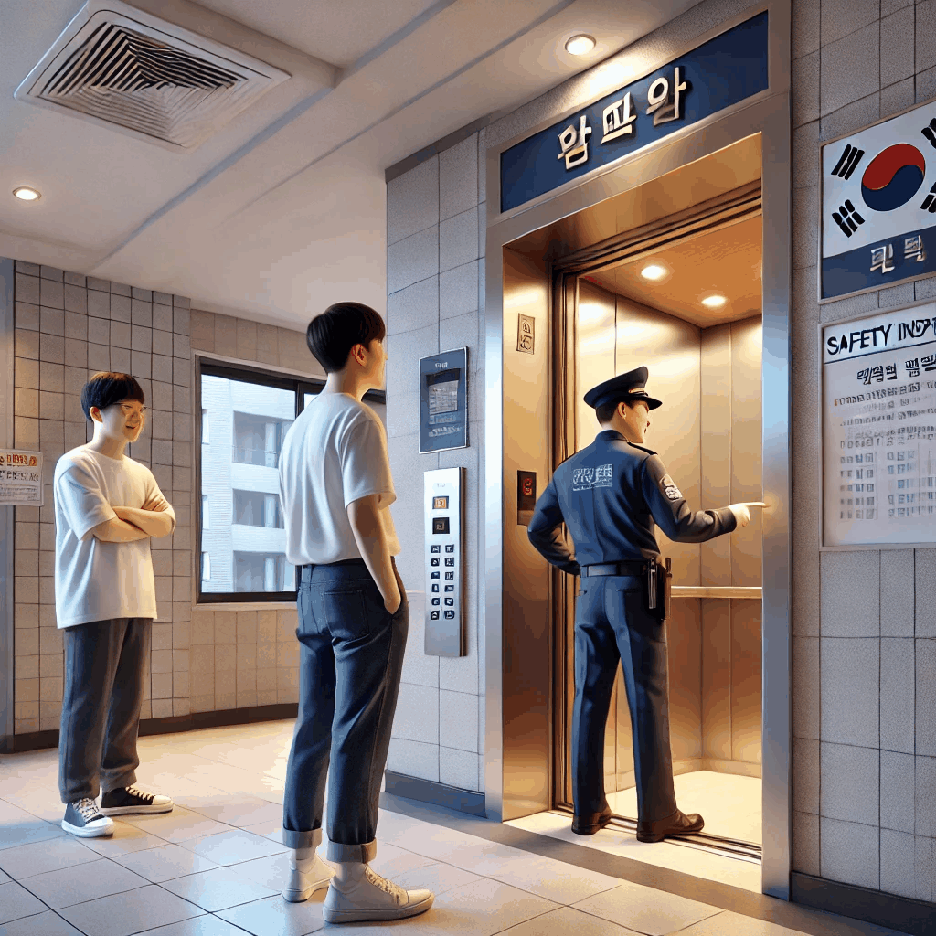 승강기 안전 점검 중인 아파트 로비에서 대학생 입주민이 관심 있게 지켜보는 모습
