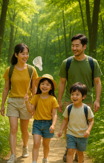 숲속체험을 하며 산행하고 있는 가족 모습