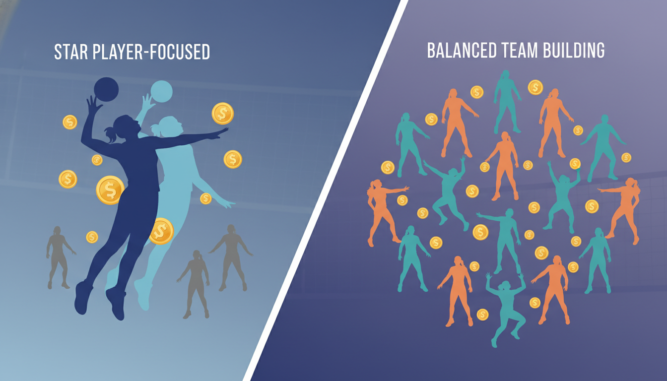 스타 선수 중심 전략과 균형 잡힌 팀 빌딩 전략을 비교하는 여자배구 샐러리캡 시각화