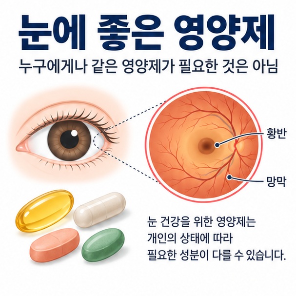 눈에 좋은 영양제와 루테인 지아잔틴 AREDS2 오메가3 비타민 A의 근거를 비교한 눈 건강 이미지