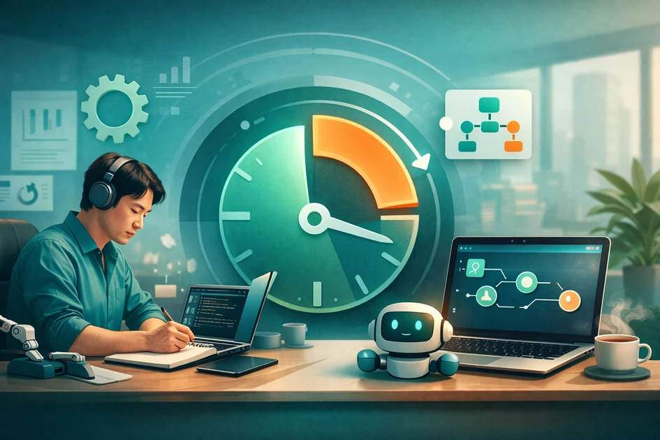 헤드폰을 낀 직장인이 노트에 계획을 적으며 집중하고, 뒤에는 90분 업무 사이클을 상징하는 큰 타이머 그래픽과 파이썬 코드·자동화 워크플로 화면이 보이는 생산성 자동화 콘셉트 일러스트