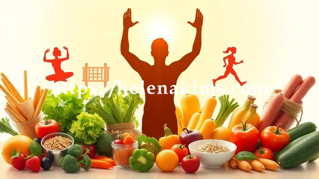 실루엣 주변으로는 신선한 채소, 과일, 통곡물 이미지와 요가, 조깅 동작을 나타내는 아이콘들이 삶의 질을 높이는 핵심적인 생활 습관임을 상징한다.