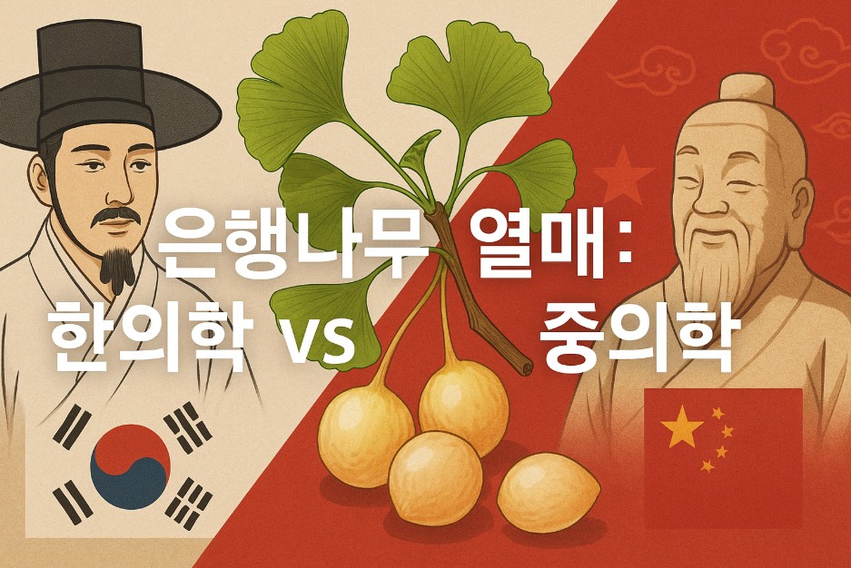 한의학과 중의학을 상징하는 전통 약재 배경 속에 은행나무와 은행 열매가 중심에 위치하며, 배경에는 태극 문양과 중국풍 장식이 조화롭게 어우러져 있다. 중앙에는 "은행나무 열매: 한의학 vs 중의학"이라는 문구가 선명하고 크게 삽입되어 시각적으로 두 전통 의학 체계의 비교를 강조한다. 전체 배경은 은은한 자연광과 전통적인 색감을 활용하였다