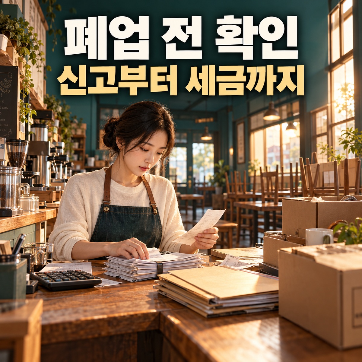 폐업 전 확인과 신고부터 세금까지라는 문구 아래 카페 점주가 서류와 계산기를 확인하는 교육용 일러스트