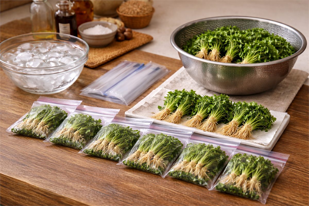 데친 냉이를 소분해 냉동 준비를 마친 주방 장면 