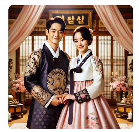 한복을 입은 신혼부부가 웃고있는 모습