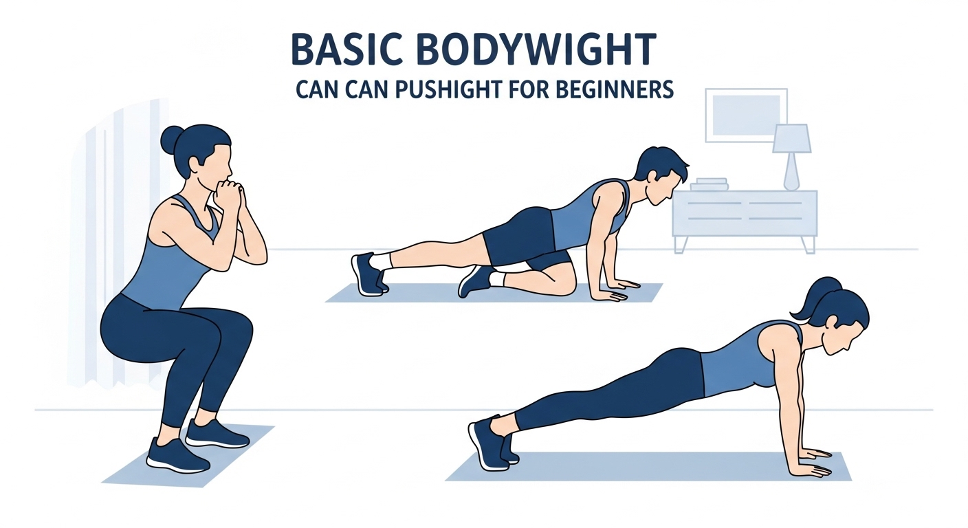 초보자를 위한 스쿼트, 푸쉬업, 플랭크 맨몸 운동의 정확한 자세를 보여주는 일러스트.