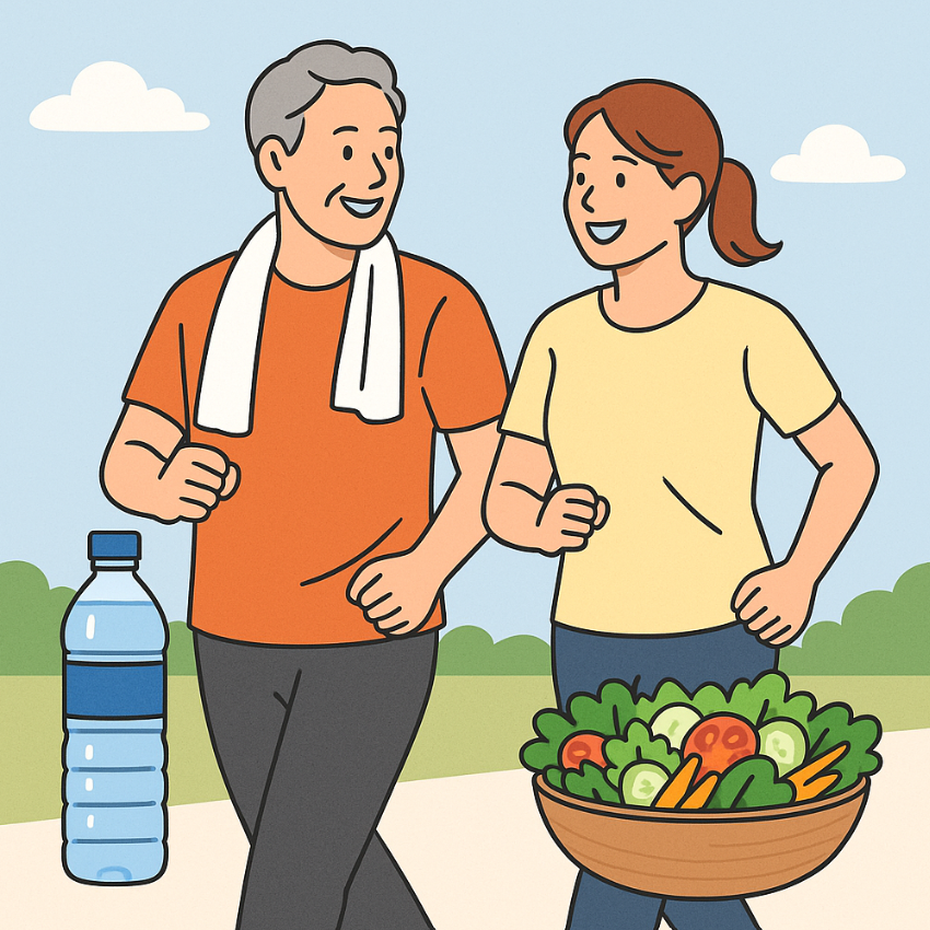 운동과 건강한 식단을 즐기며 건강한 일상을 보내는 중년 남성과 여성의 모습을 보여주는 일러스트