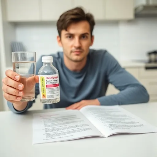 깨끗한 물과 함께 장 정결제를 복용하고 있는 사람의 모습. 약병이나 약통이 함께 보이며, 설명서를 읽는 듯한 진지한 표정이 연출됩니다.