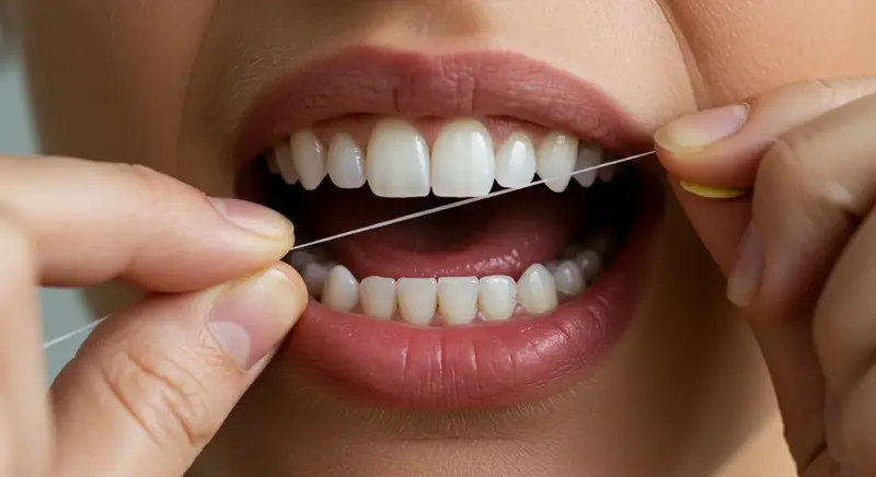 치실을 사용하여 치아 사이를 꼼꼼하게 관리하는 모습