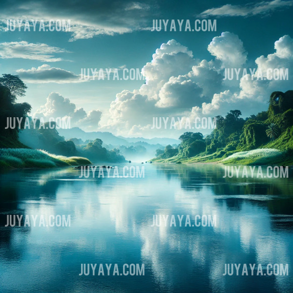 맑은 강물 위로 푸른 하늘과 하얀 구름이 반영되어 깨끗하고 담백한 자연의 아름다움을 보여주는 장면