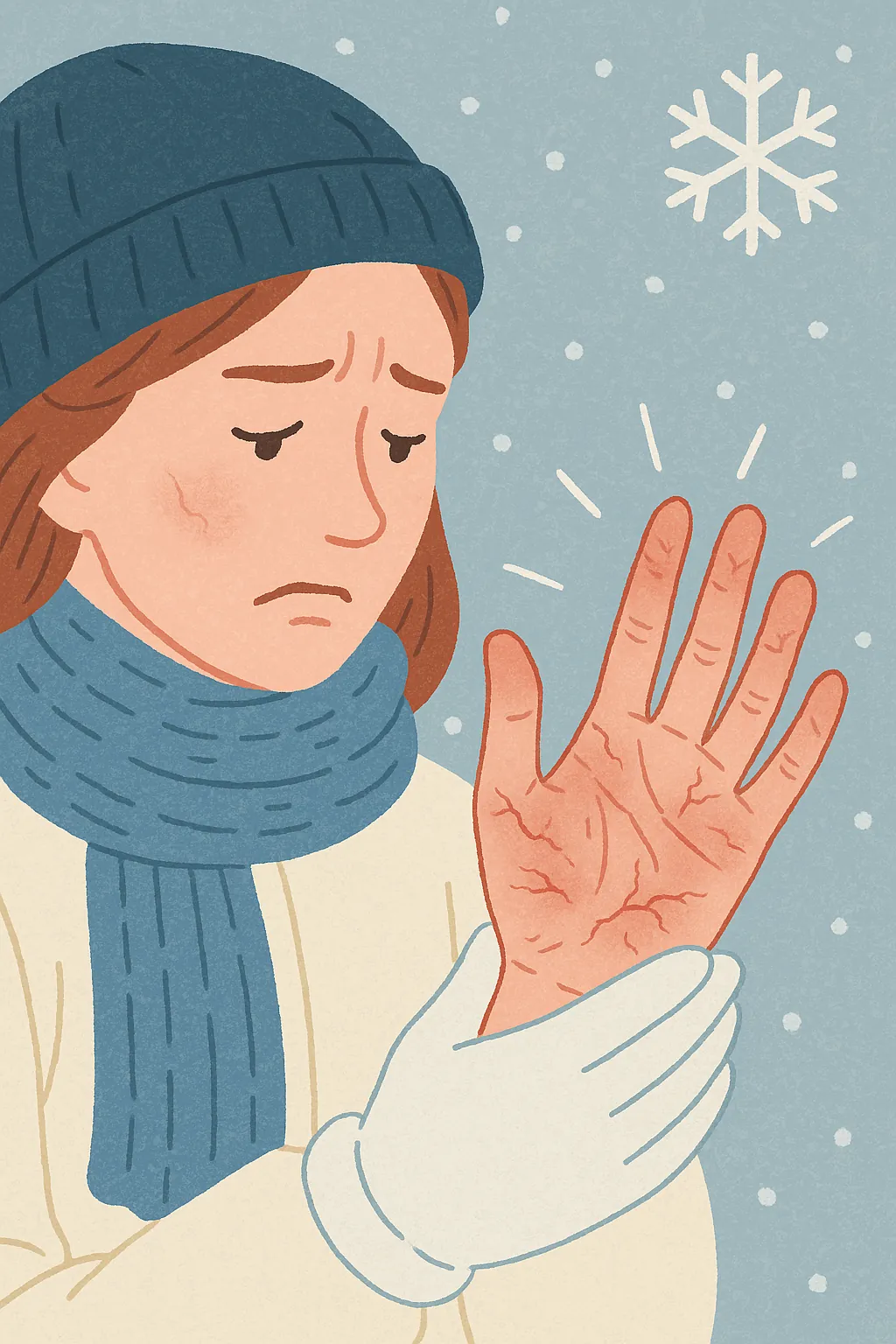 겨울철-손-트는-현상을-걱정하며-손을-바라보는-사람을-표현한-일러스트-건조한-환경과-피부-손상-강조