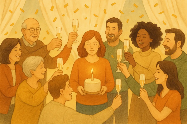 회복의 단계를 기념하며 따뜻하게 웃는 사람의 모습, 단주 성취 축하와 함께 앞으로의 희망을 다짐하는 분위기