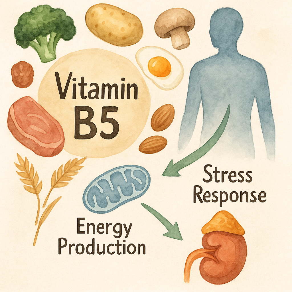 브로콜리, 감자, 달걀, 견과류는 비타민 B5가 풍부한 식품이다.