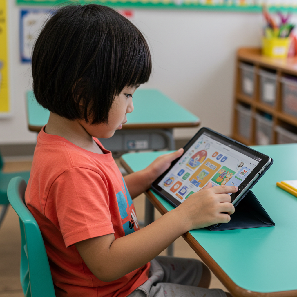 패드로 영어 유튜브를 보고 있는 한국 아이