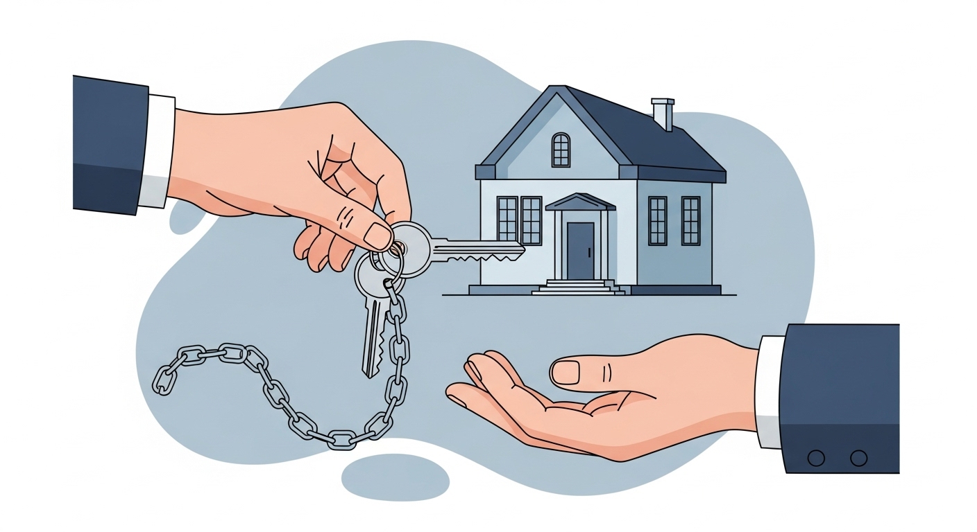 부담부증여 개념을 보여주는 그림: 아파트 열쇠와 함께 담보대출 채무가 함께 넘어가는 모습