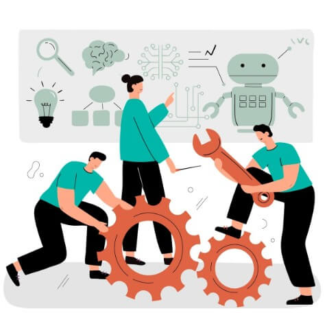 공장에서 기계를 만지고 있는 근로자들