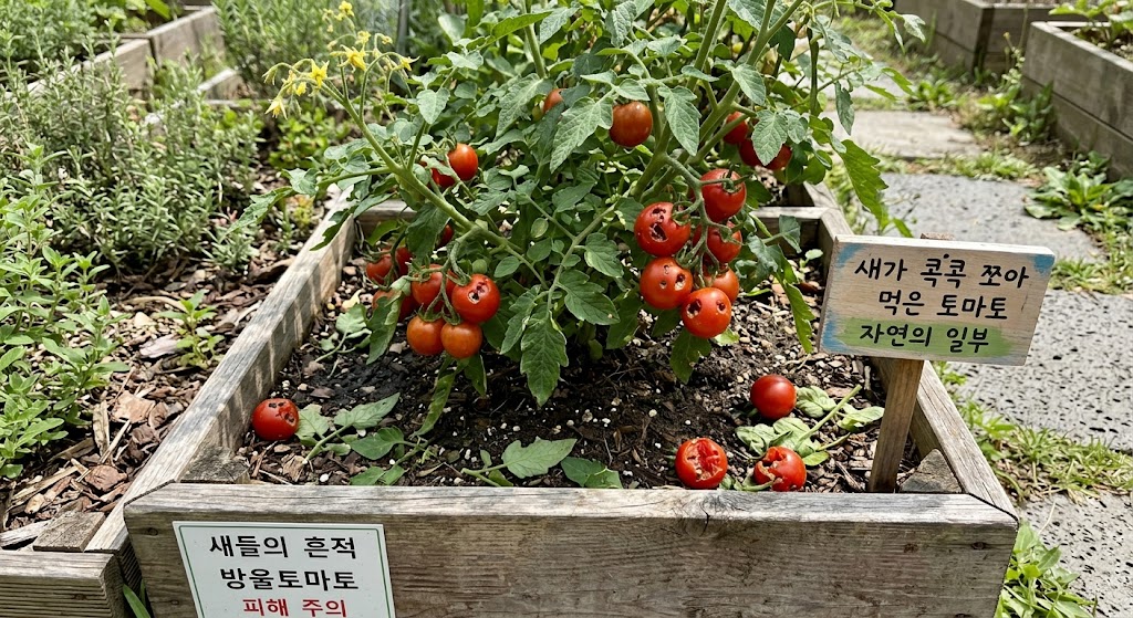 새가 쪼아 먹어 구멍이 나고 바닥에 떨어진 방울토마토 열매와 나무 플랜트 화분 주변의 모습