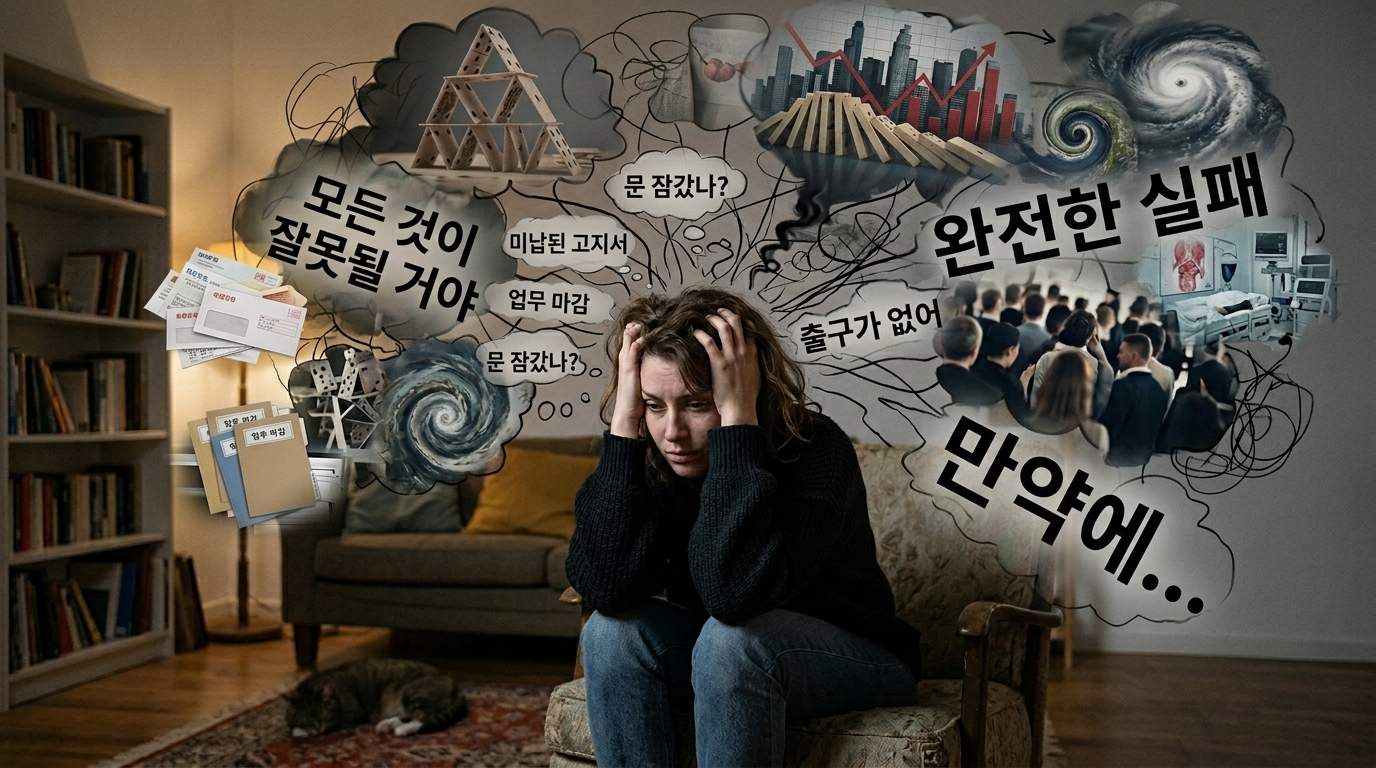 머릿속 생각이 복잡하게 얽히며 걱정이 과도하게 증가하는 심리 상태를 표현한 이미지