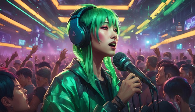 케이팝 가수가 팬들 사이에서 노래를 부르고 있는 모습