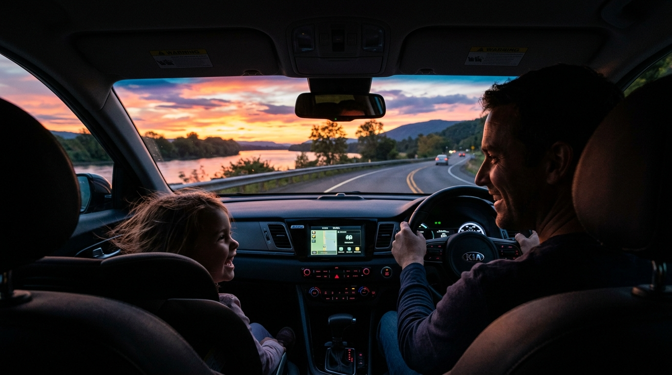 노을 지는 강변도로를 기분 좋게 질주하는 니로와, 그 안에서 환하게 웃으며 여행을 떠나는 아빠와 아이의 실루엣
