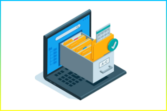 폴더 아카이브 형태의 아이소메트릭 랩탑(흰색 배경에 컬러, 문서 및 데이터가 있는 디지털 아카이브)