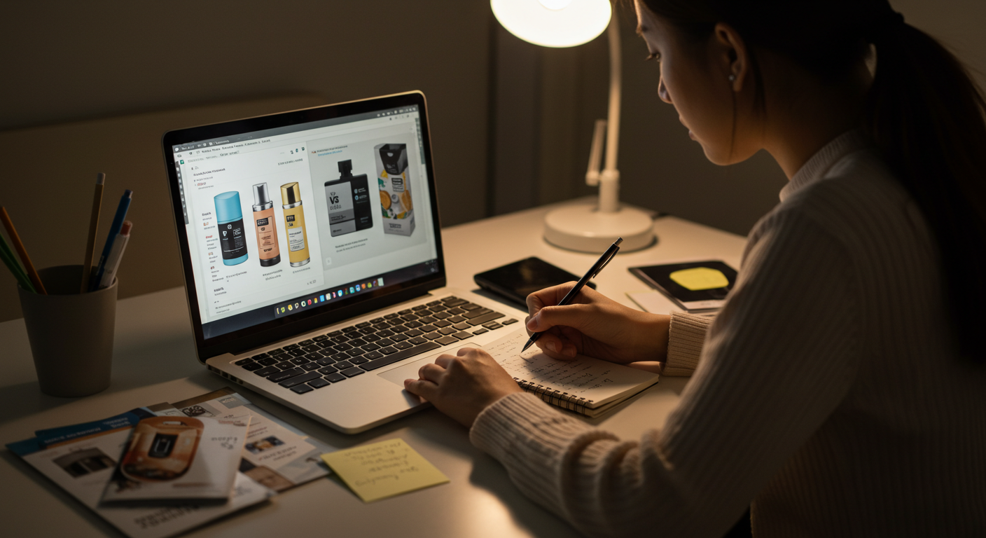 제휴상품을 분석하며 블로그 글을 준비하는 모습