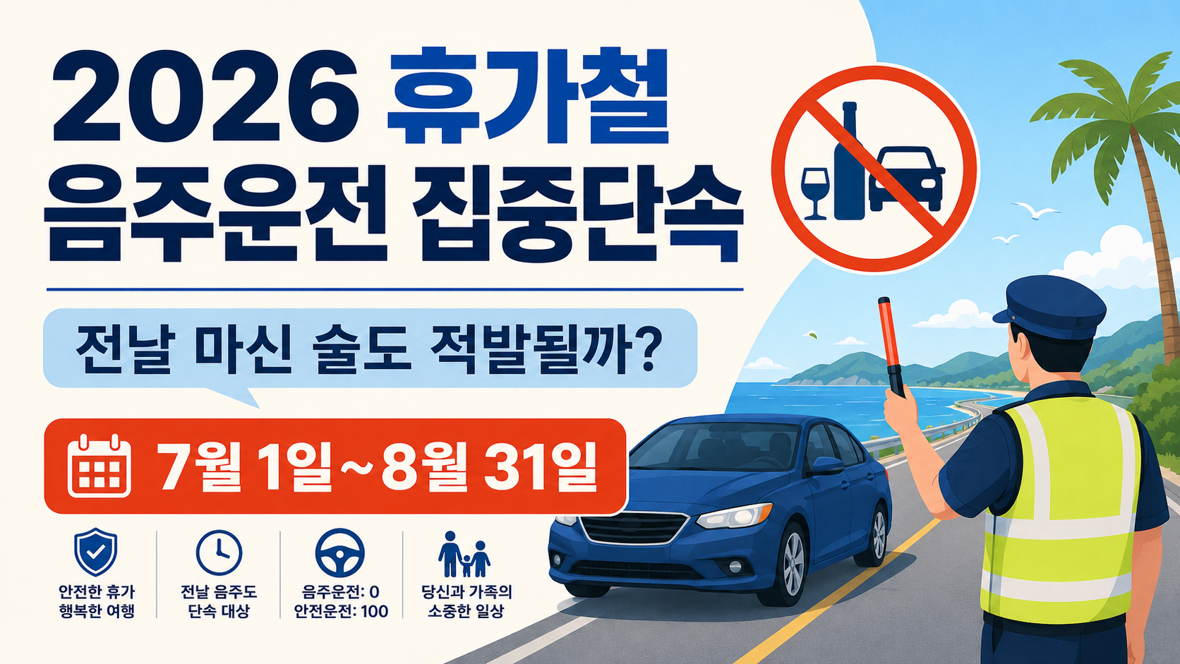 2026년 7월 1일부터 8월 31일까지 진행되는 휴가철 음주운전 집중단속과 숙취운전 주의사항 이미지