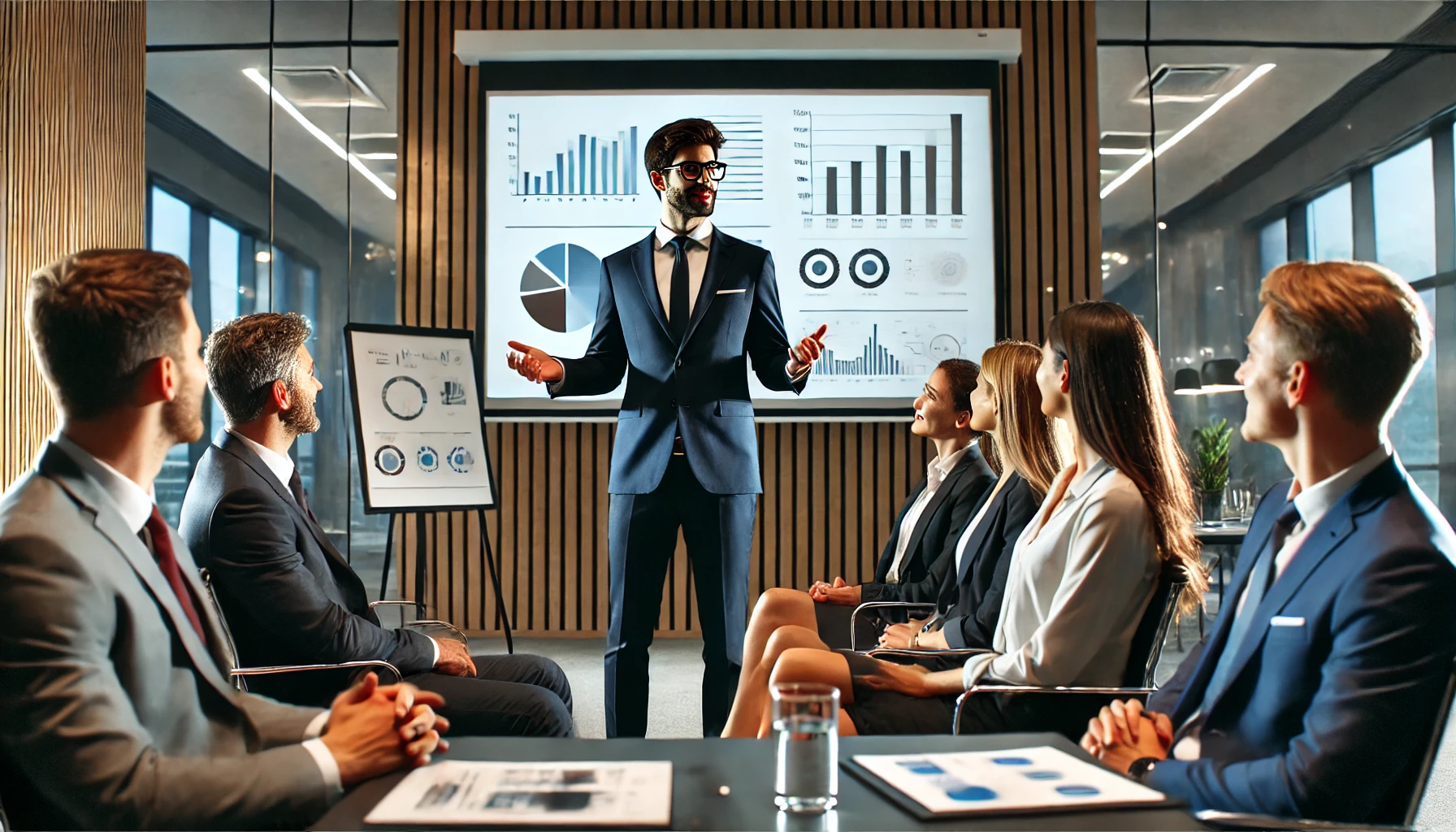 성공적인 발표를 하는 남자