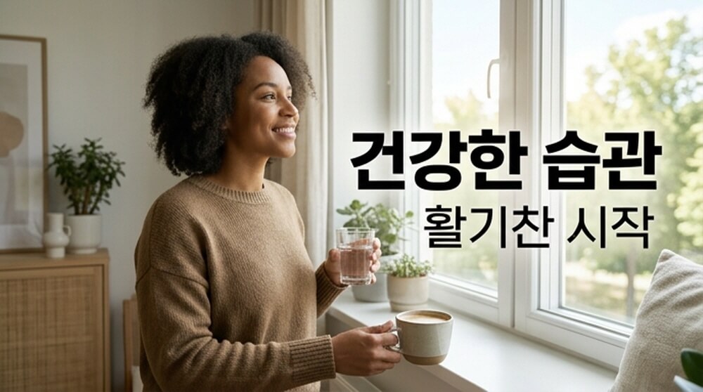 건강한 습관 활기찬 시작 문구와 창가에서 커피를 마시는 여성 이미지