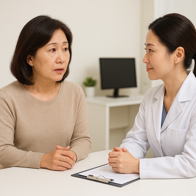 가족력 상담을 받는 중년 여성과 의사의 진지한 대화 장면, 녹내장 조기 검진의 중요성을 강조(출처: 자체제작)