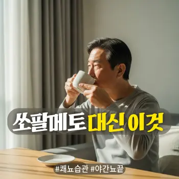* 이미지 프롬프트: #모던 #미니멀 #깨끗한 #자연광 키워드를 반영한 디자인. 밝고 화사한 아침 거실 또는 침실 배경. 50대~60대 한국인 남성이 밤새 화장실에 가지 않고 푹 자고 일어난 듯, 개운하고 활기찬 표정으로 아침 햇살을 맞으며 기지개를 켜거나 따뜻한 차를 마시는 모습. 영양제에 의존하지 않고 올바른 생활 습관으로 건강과 수면의 질을 되찾은 긍정적이고 따뜻한 아날로그 필름 사진 스타일 고화질 실사. 글자 없는 깨끗한 이미지.
* 썸네일 텍스트(제목): 쏘팔메토 대신 이것
* 해시태그: #쾌뇨습관 #야간뇨끝