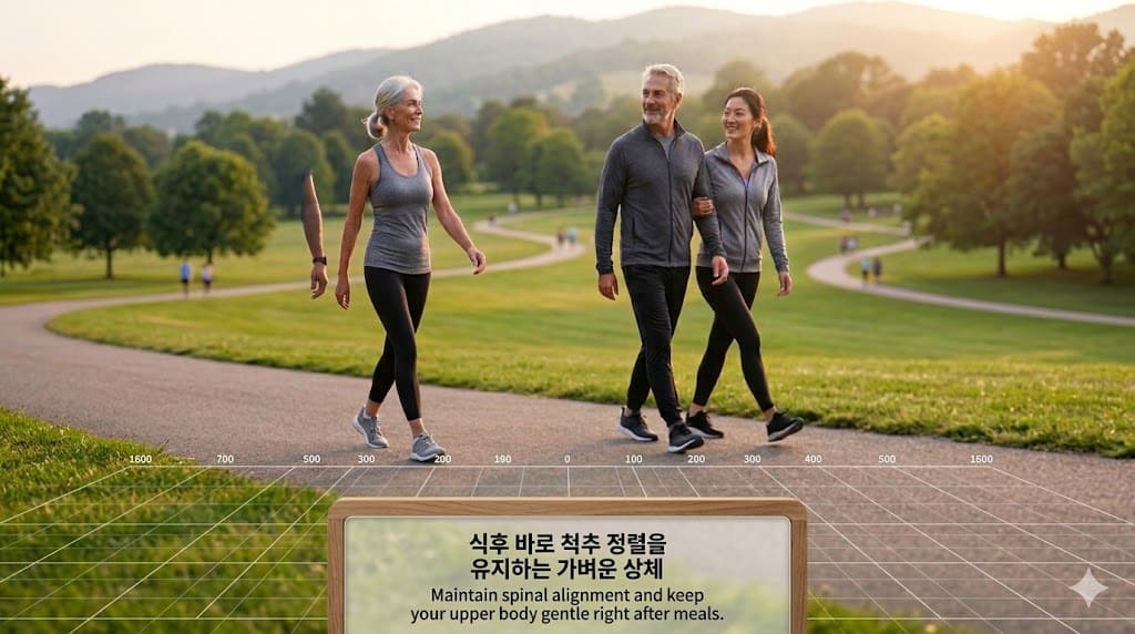 식후 바른 척추 정렬 유지와 사지말단 혈액순환을 돕는 가벼운 산책 (A light walk to maintain proper spinal alignment and support peripheral blood circulation after meals.)