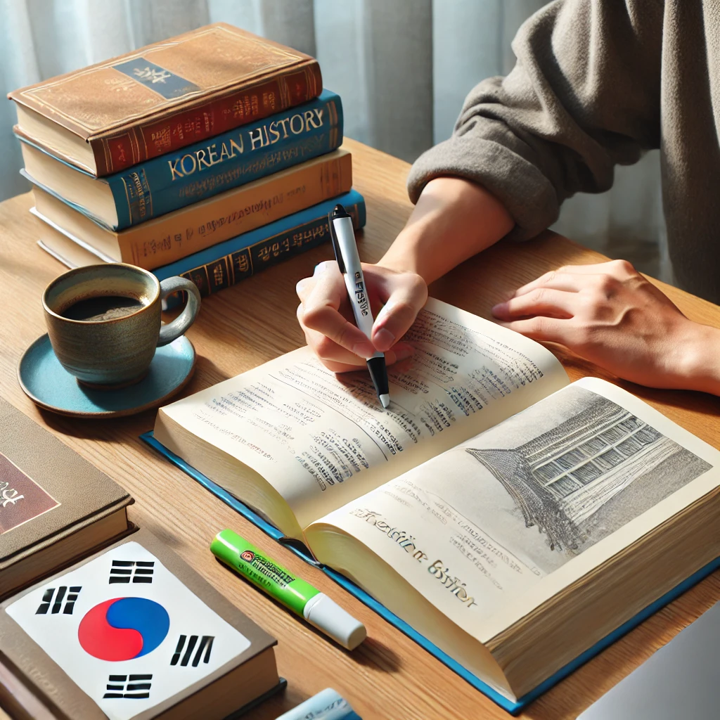 책상에 인기 있는 한국사 교재를 놓고 형광펜으로 중요한 부분을 표시하며 공부하는 학생. 커피 한 잔과 추가 참고 서적들이 정돈되어 있음