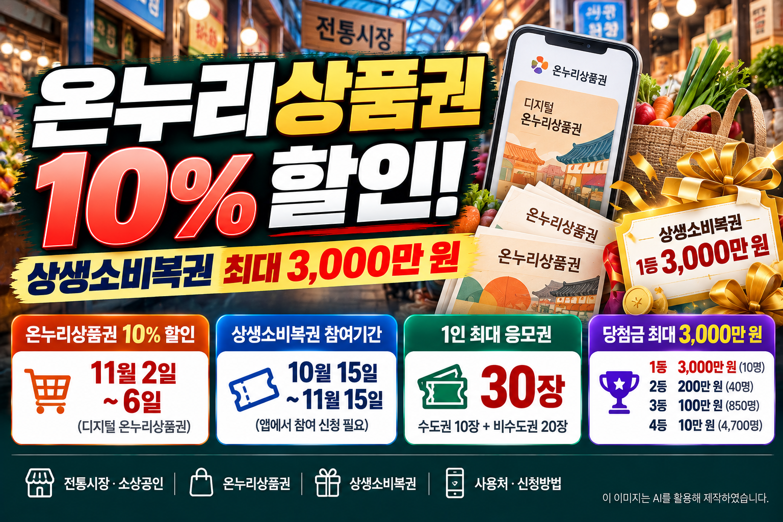 2026년 디지털 온누리상품권 10% 할인 행사와 상생소비복권 최대 3,000만 원 당첨 혜택, 할인 기간 및 신청방법을 안내하는 이미지