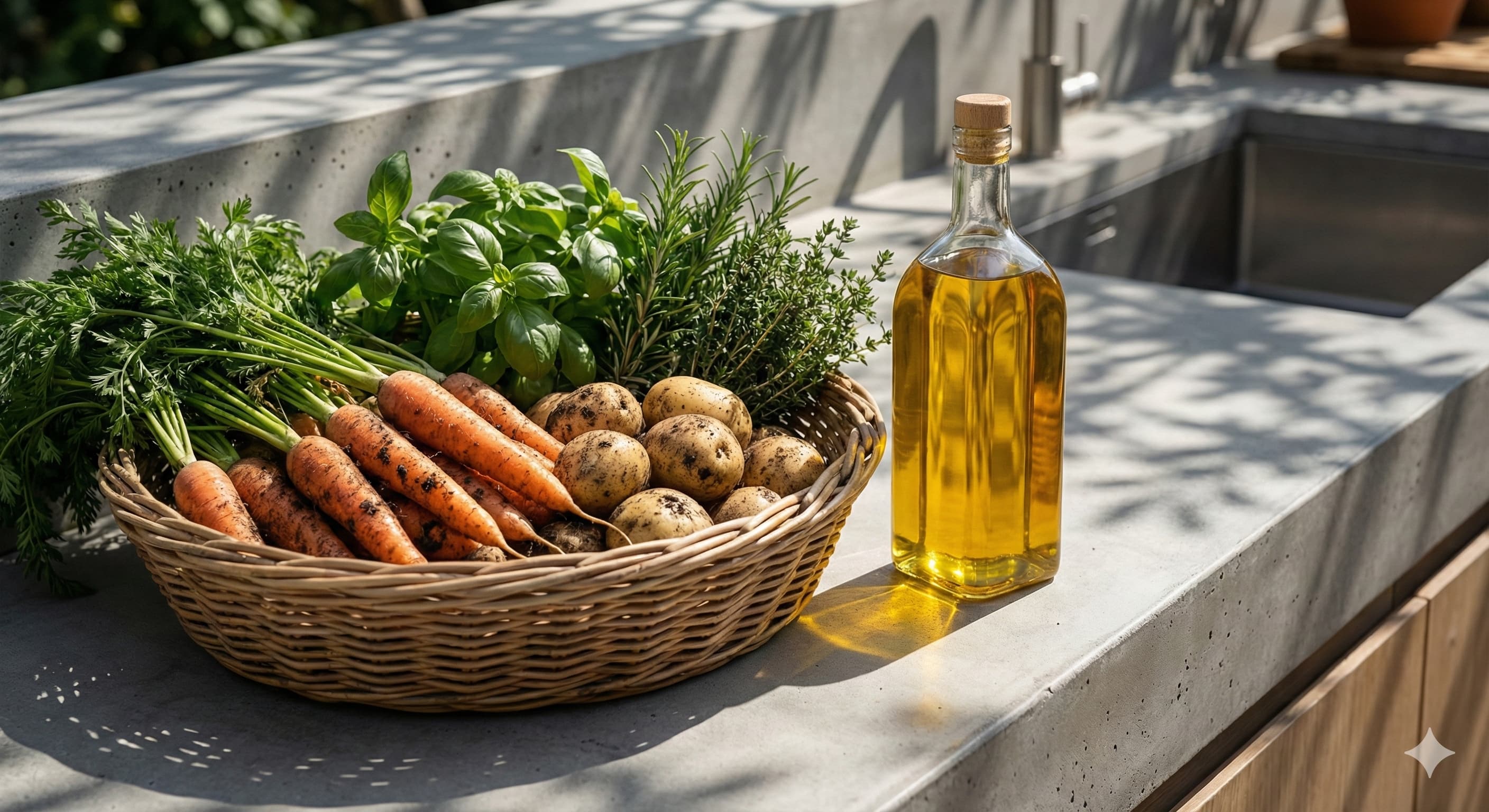 현대적인 야외 조리대 위, 라탄 바구니에 담긴 갓 수확한 신선한 채소와 햇살을 받아 빛나는 올리브유 병.