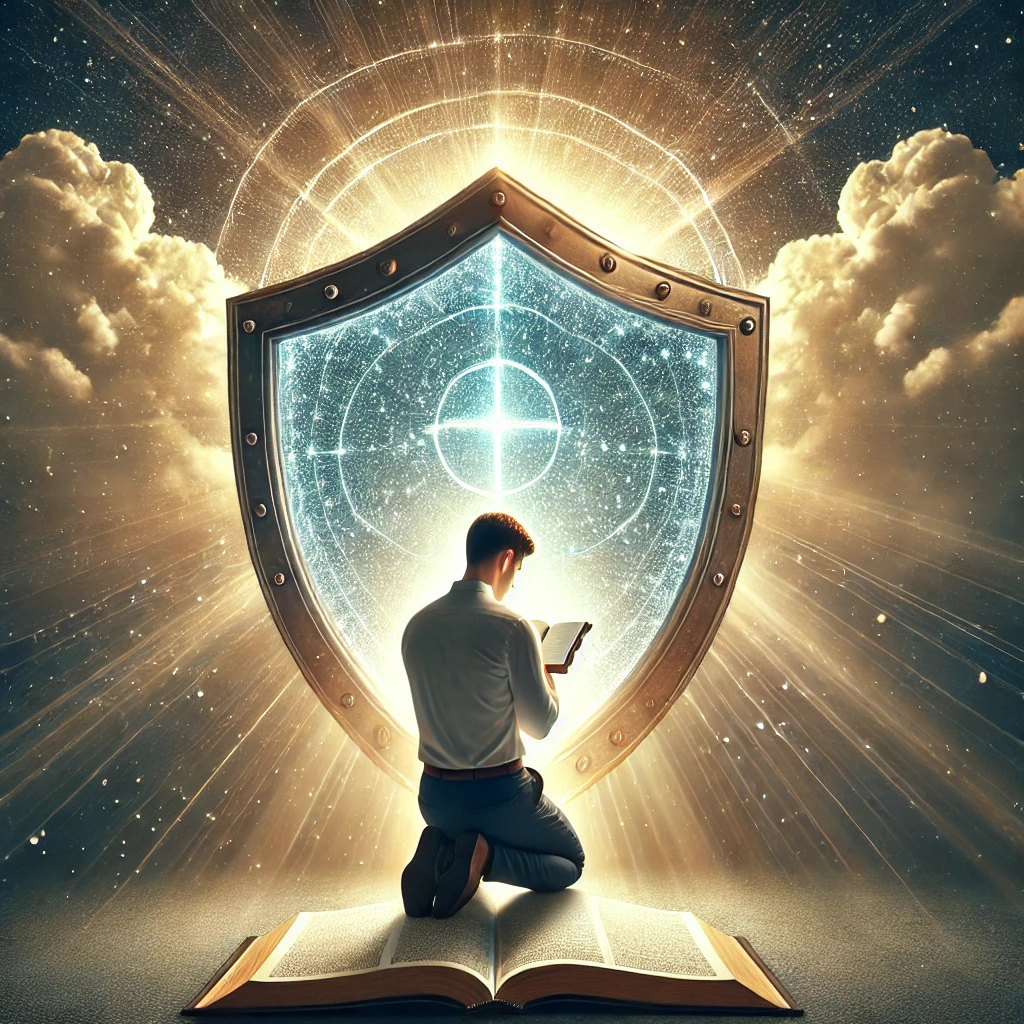 Here is the image reflecting a person in prayer with an open Bible, surrounded by God's protective shield. It captures the peaceful assurance of walking closely with God through prayer and His Word, trusting in His protection and presence.