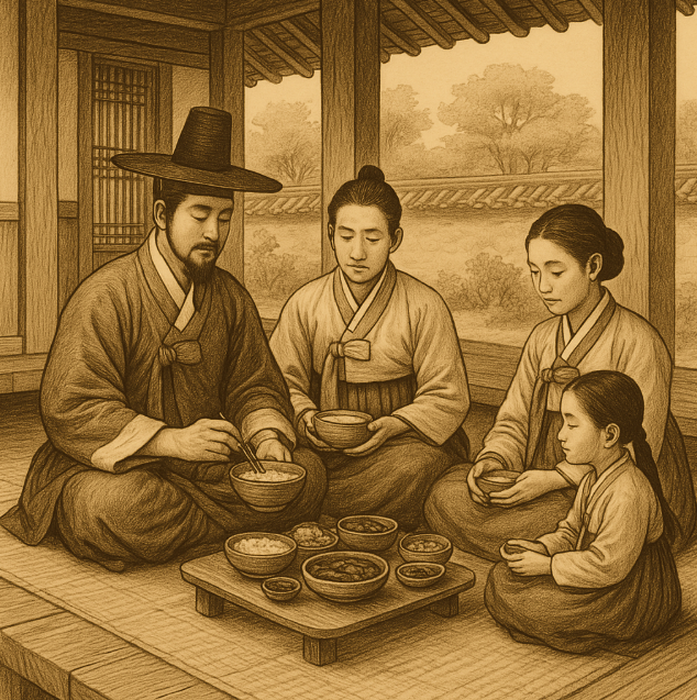 조선시대 한옥 마루에 앉아 소박한 식사를 나누는 양반 가족의 모습