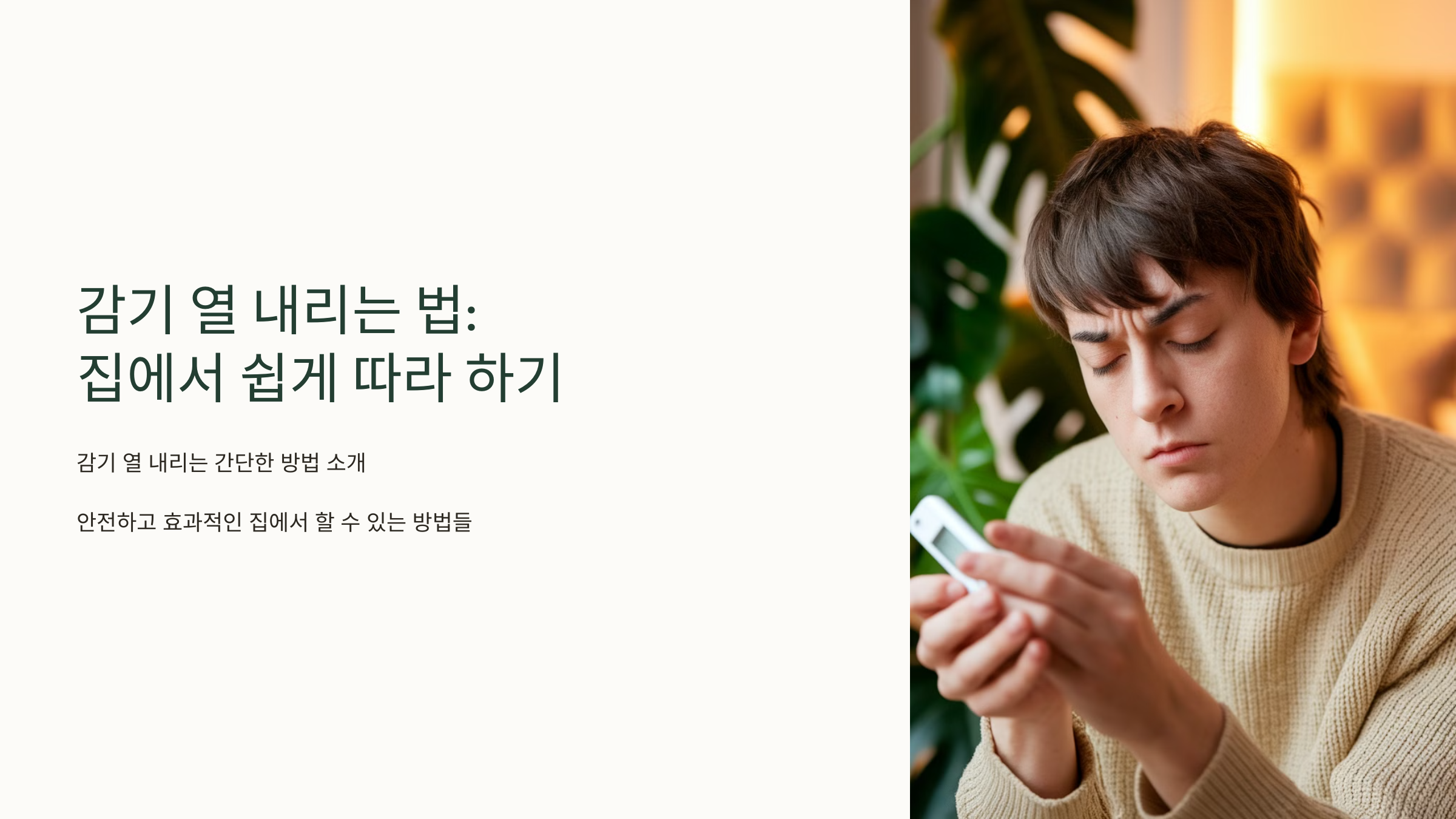 감기 열 내리는 법 집에서 쉽게 따라하기 라는 글과 눈을 감고 고민을 하고 있는 남성의 이미지