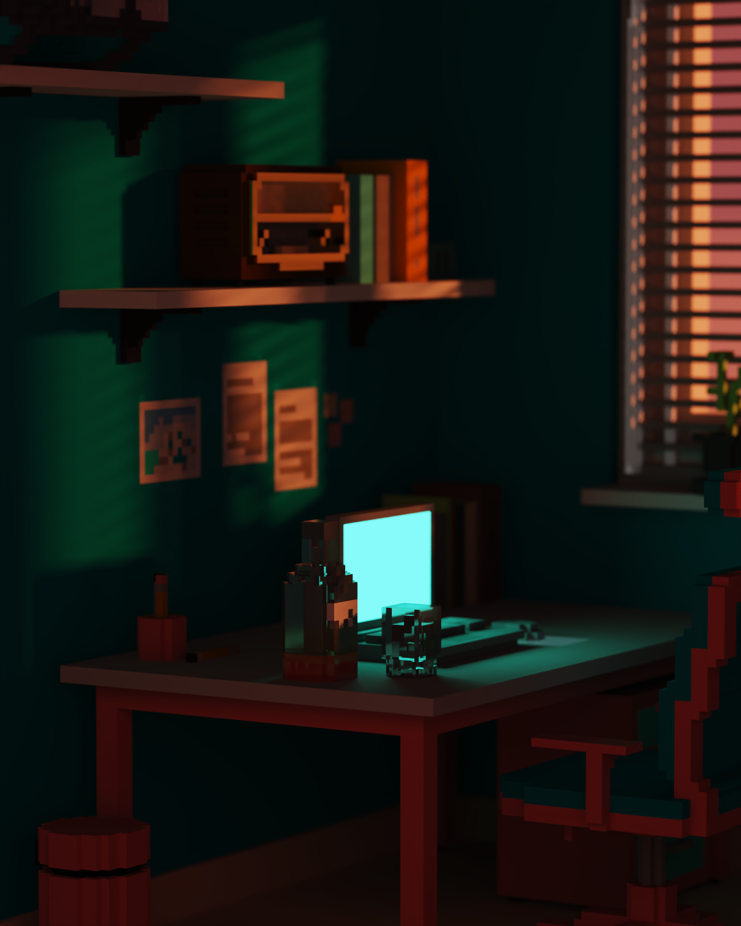 quiet evening, room, sunset, laptop, whiskey, voxel