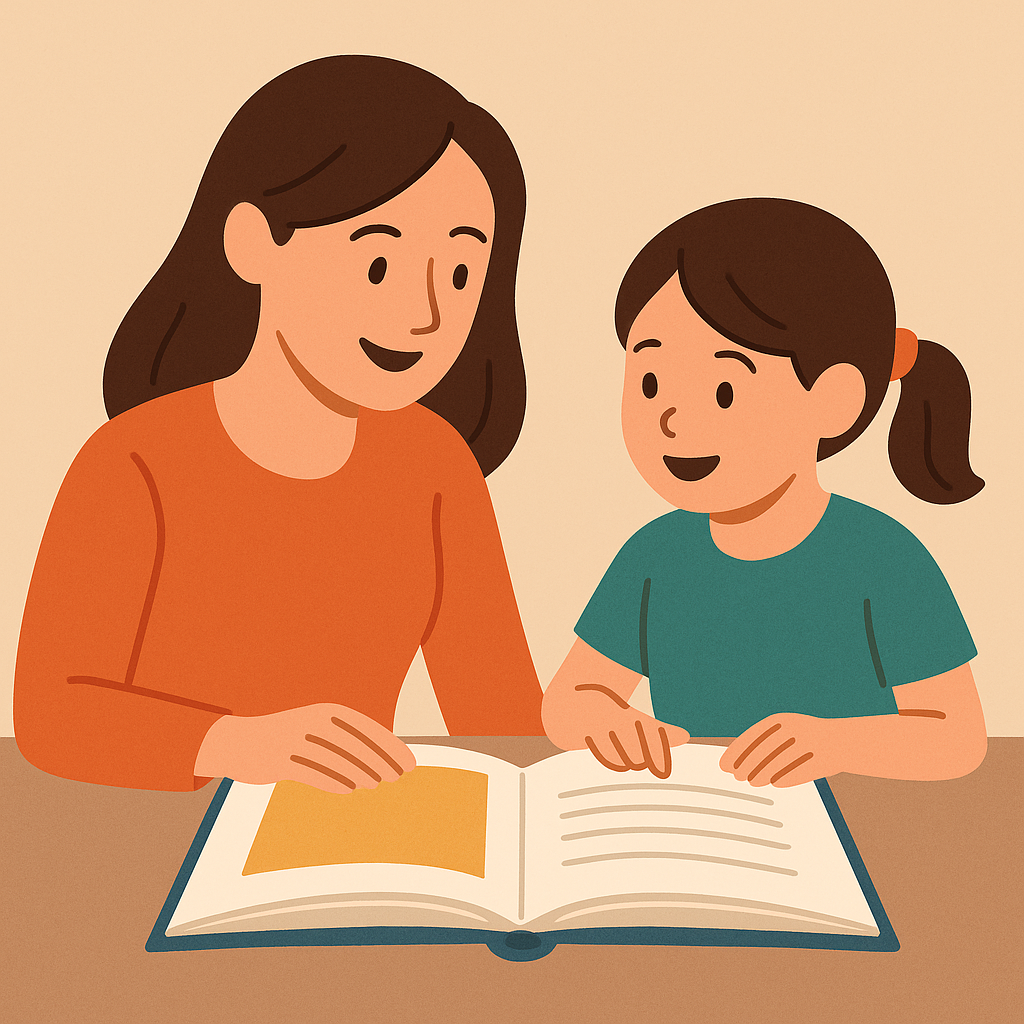 영어 그림책을 펼쳐보며 이야기 나누는 엄마와 아이