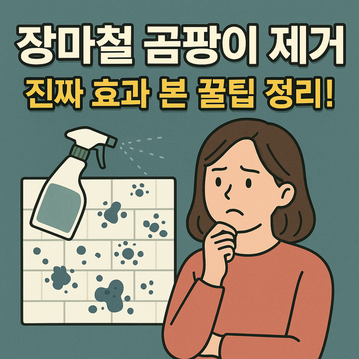 장마철 곰팡이 제거 꿀팁을 고민하는 여성과 타일 벽에 곰팡이 제거 스프레이 뿌리는 장면