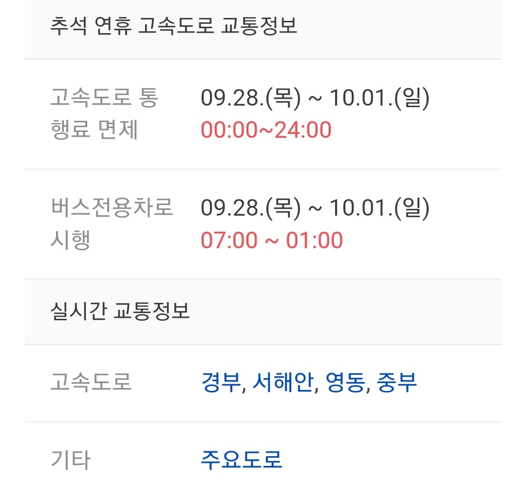 추석연휴 고속도로 교통정보 관련 표