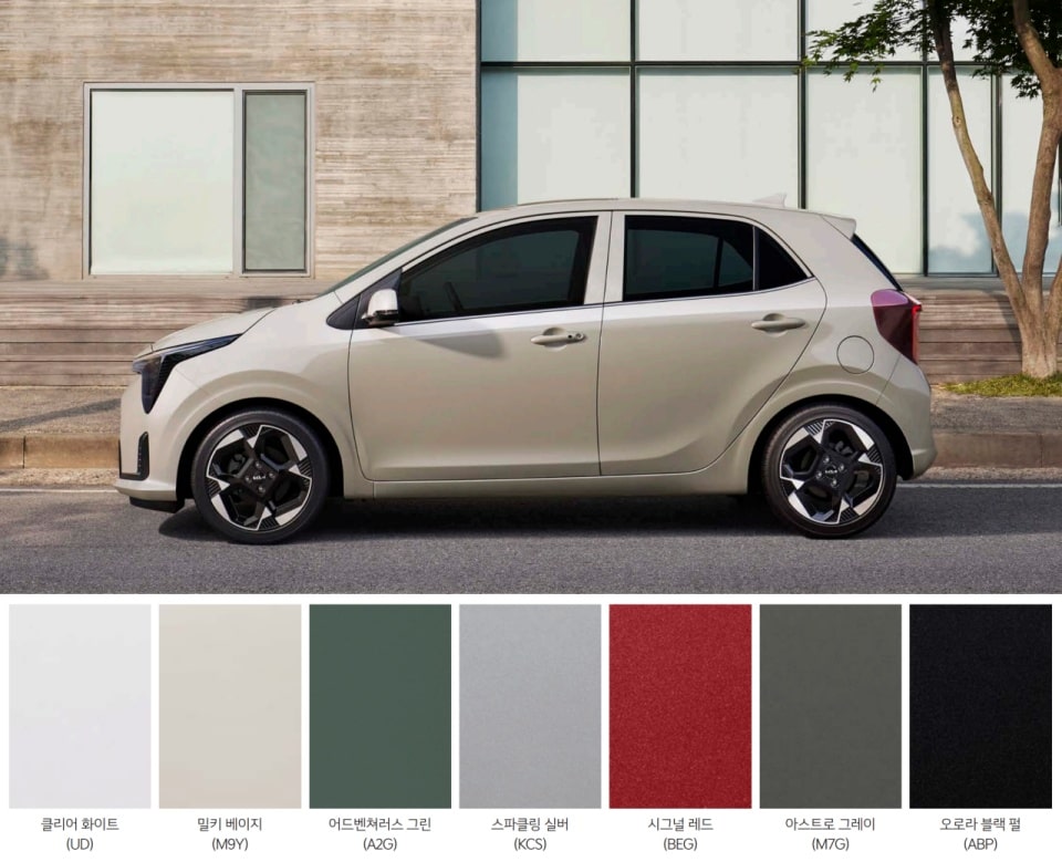 더 뉴 모닝 옆모습과 외장 색상 목록입니다(출처 : 기아).