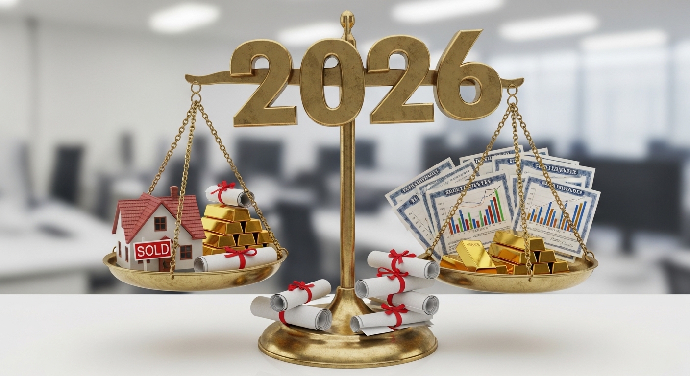 A scale balancing on the shaky number 2026. Both sides of the scale are evenly loaded with various assets (stocks, house, gold bars, bond documents), maintaining a horizontal balance.