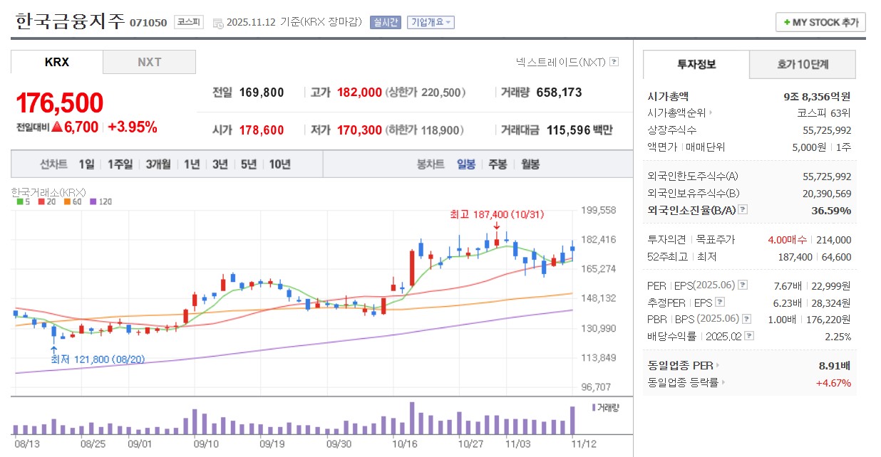 한국금융지주 일봉 차트