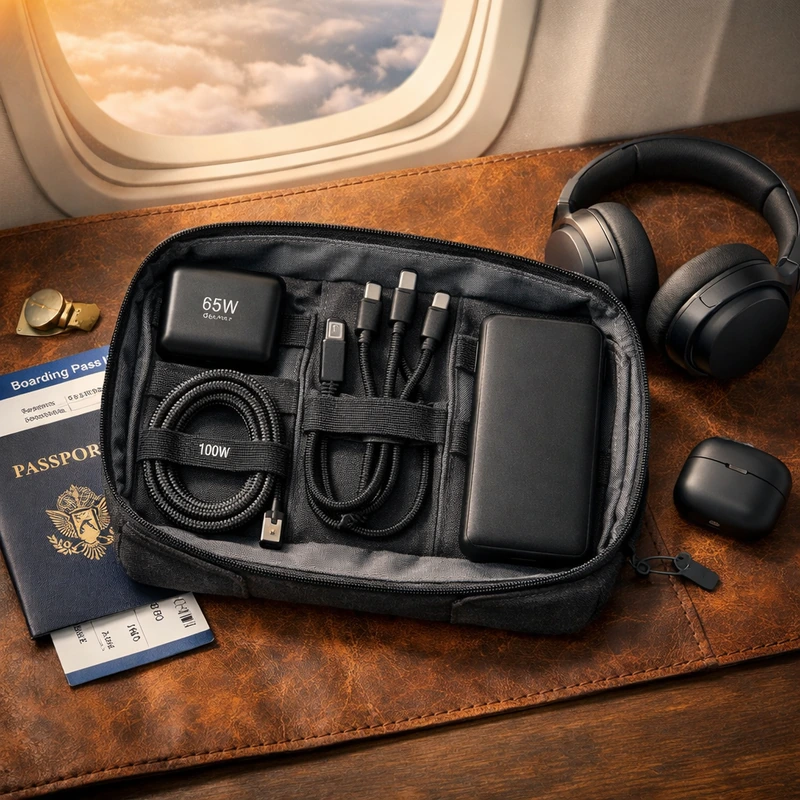가죽 매트 위에 열린 테크 파우치 안에 65W GaN 충전기, 100W C타입 케이블, 3-in-1 멀티 케이블, 슬림 보조배터리가 정리되어 있고, 옆에는 여권과 탑승권, 노이즈 캔슬링 헤드폰이 놓여 있는 여행용 전자기기 구성 사진