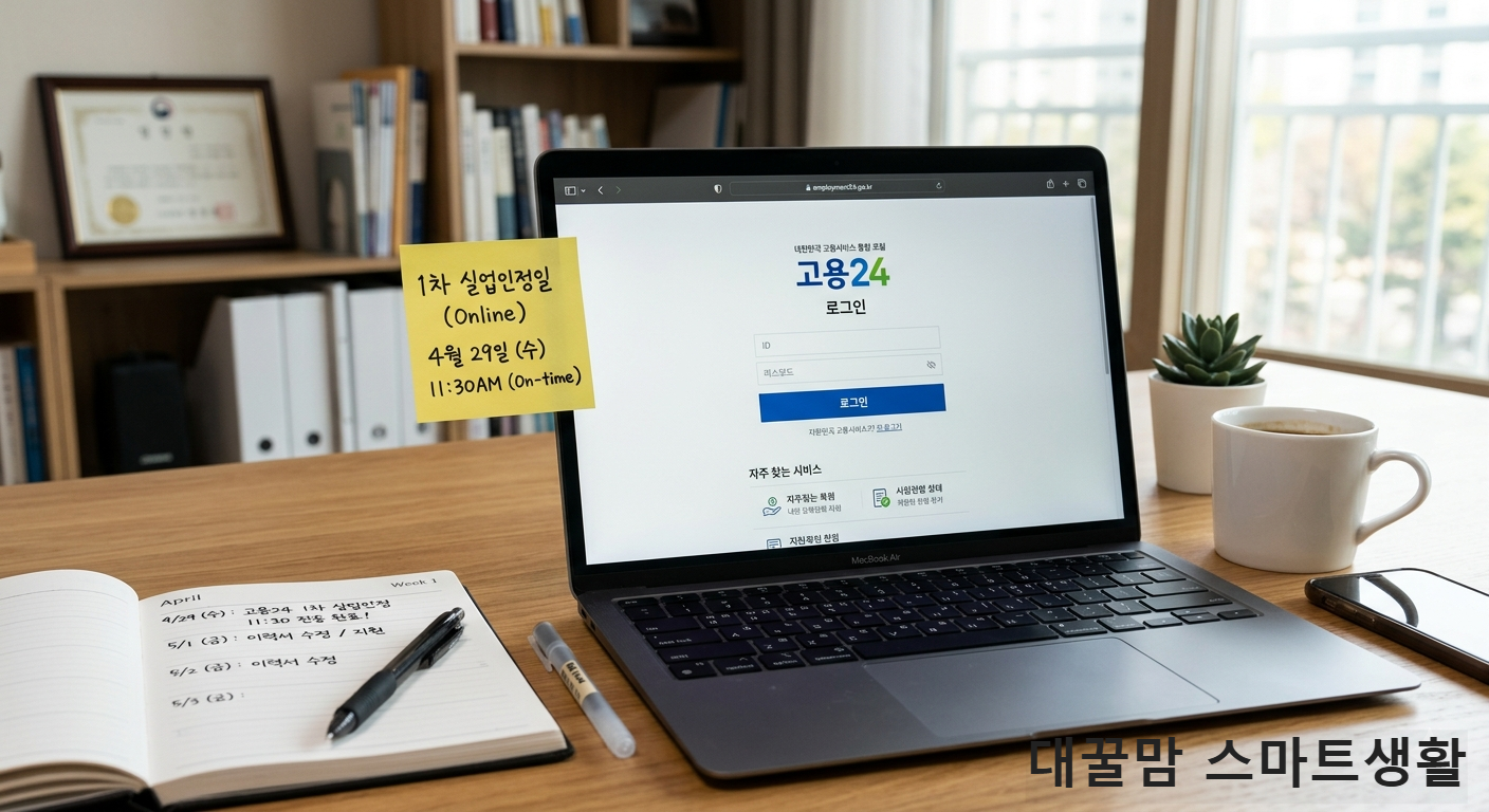 실업급여 1차 실업인정 준비를 위해 고용24 화면과 체크리스트 메모를 정리한 책상 사진