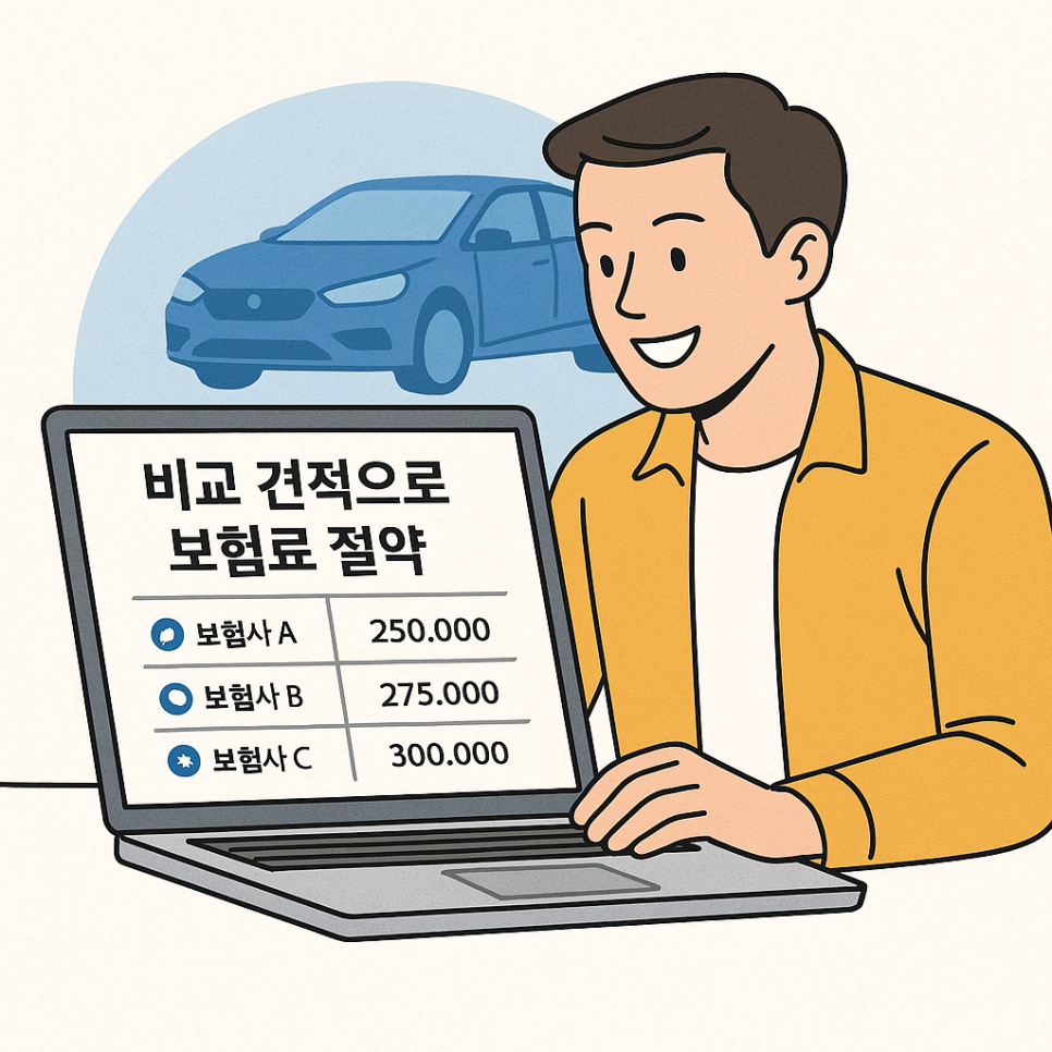 남성이 자동차 보험료 비교 화면을 보고 있는 긍정적인 이미지.